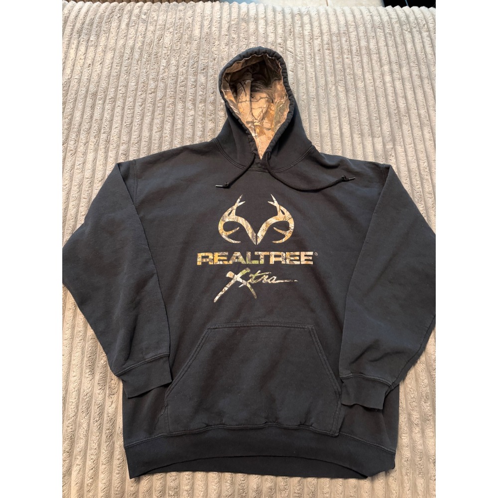 Realtree Xtra Mens Hoodie Black Camo Logo Pullover Sweatshirt Size Large‎ L